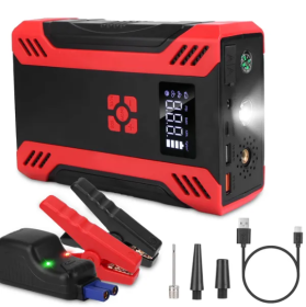 Car Jump Starter With Air Compressor Portable Car Battery Booster With Digital Tire Inflator With 2000mAh Peak Current For 12V Car 6.5L Gas Or 4. (Option: BlackRed)